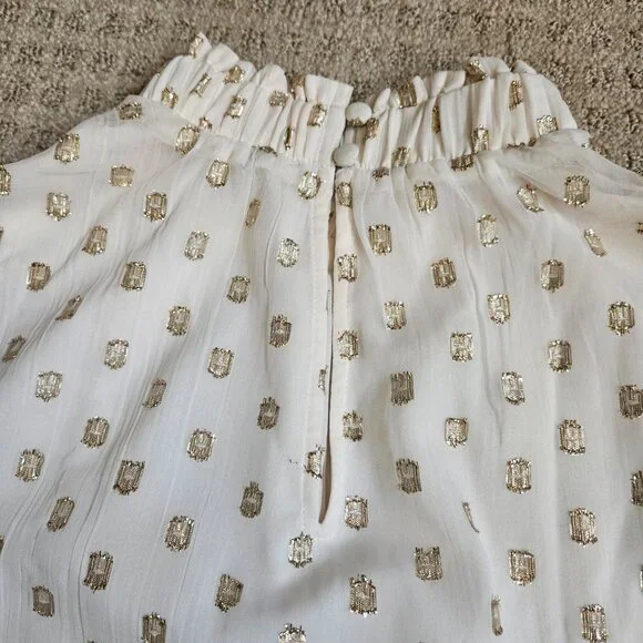 LOFT Clip Ruffle Smocked Blouse Women SZ Medium gauzy top lightweight lined Gold - Picture 7 of 15